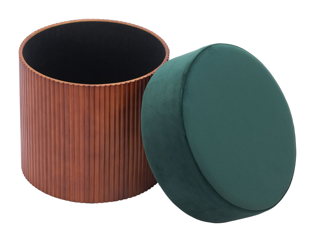 ZUO Boto Storage Ottoman — Green Velvet, Hidden Storage, Pine Wood Base, 330 lb Capacity
