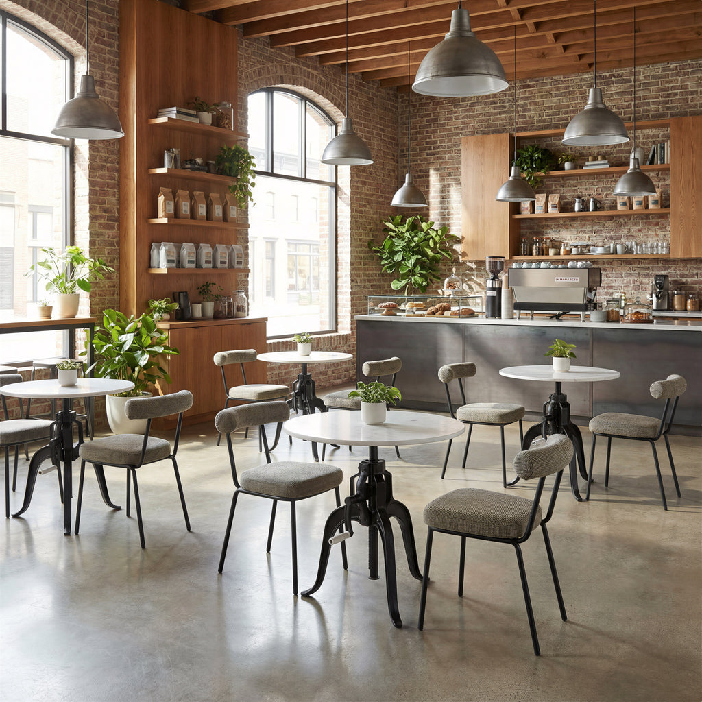 ZUO Mufid Bistro Table — Natural Marble Top, Adjustable Height, Black Iron Base