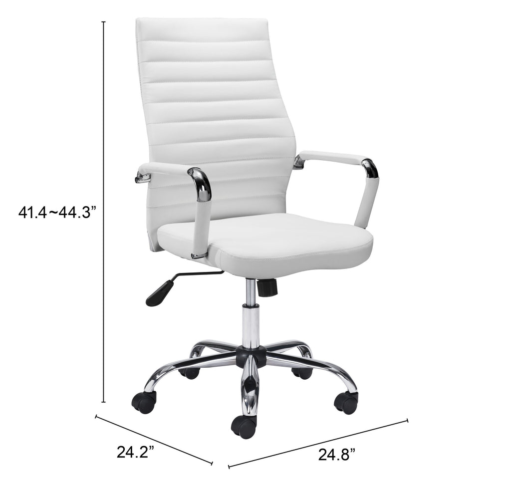 ZUO Primero High Back Office Chair — White Faux Leather, Adjustable Height, Chrome Base, 330 lb Capacity