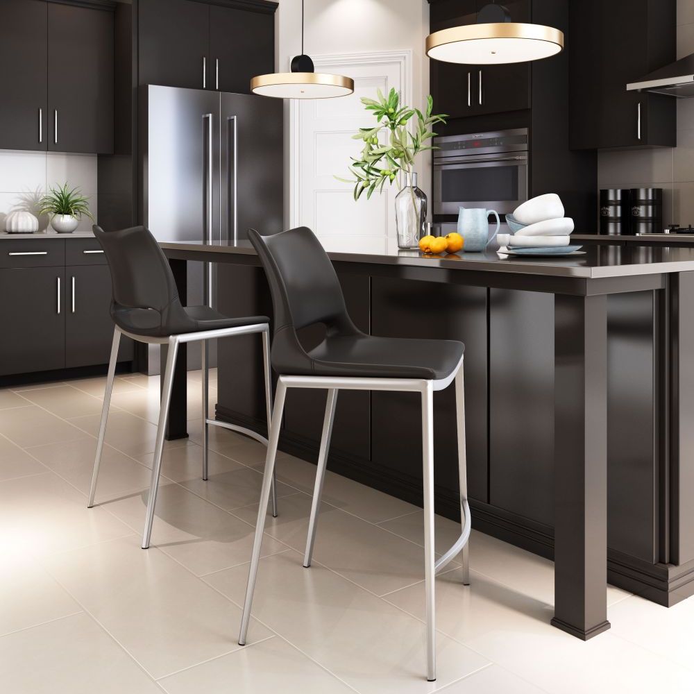 STOOL ZUO ACE 101391 | Counter Stool for Home and Office Space | Black | Silver | 100% Polyurethane | Faux Leather | Inside | Bar Restaurant Cafetería Food Court Bar Breakfast Kitchen Bistro Office Space Set