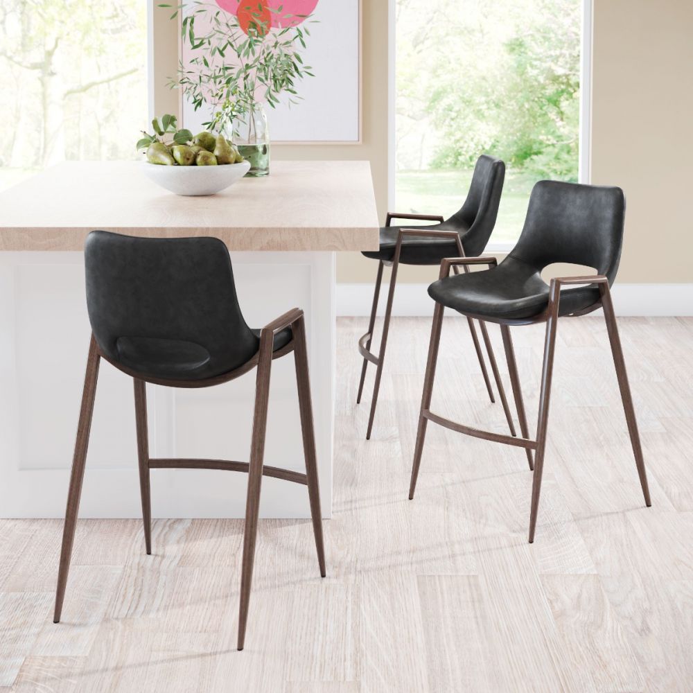STOOL ZUO DESI 101691 | Counter Stool for Kitchen Dining Area | Black, Walnut | 100% Polyurethane | Faux Leather | Inside | Bar Restaurant Cafetería Food Court Bar Breakfast Kitchen Bistro Set