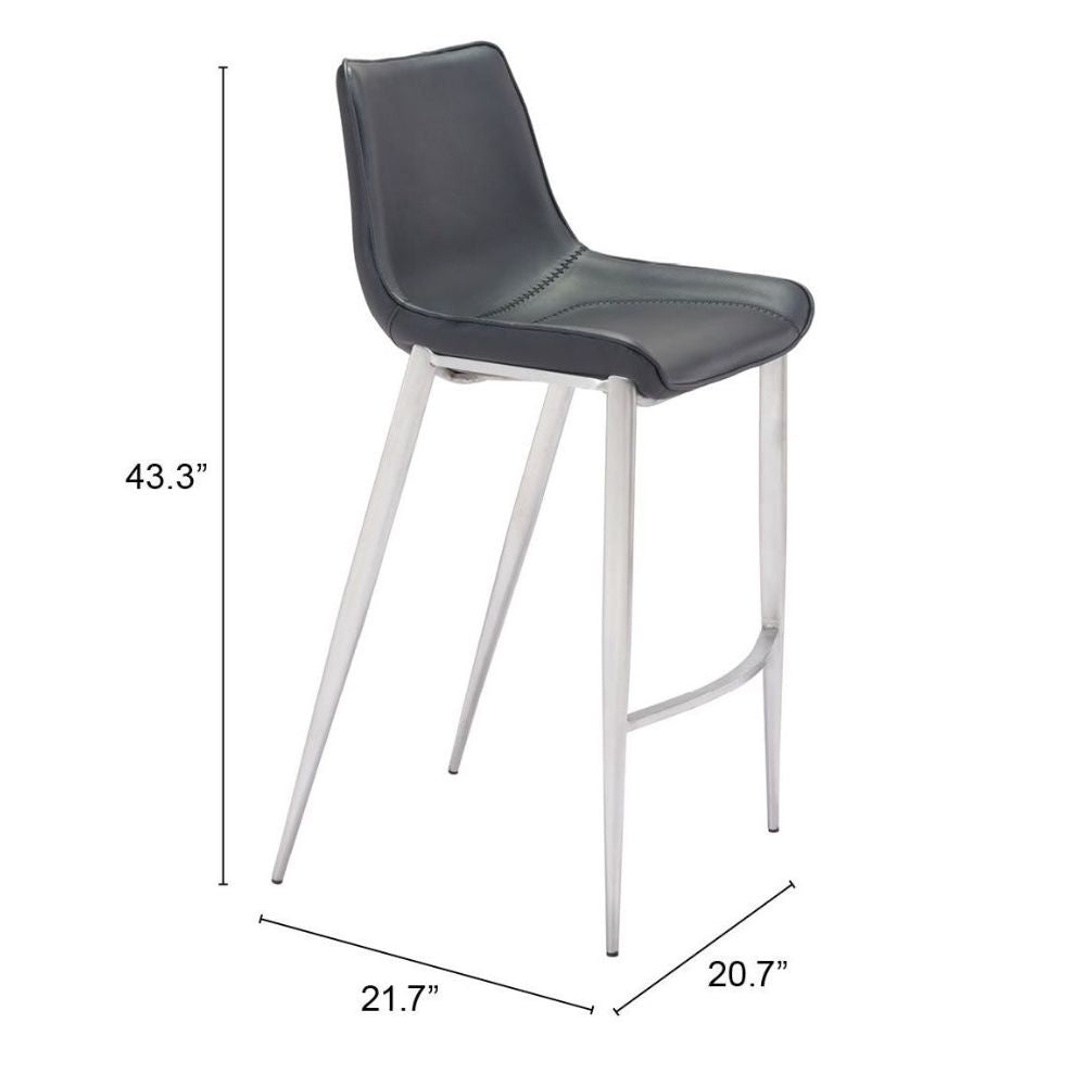 STOOL ZUO MAGNUS 101276  | Barstool | Black | Silver | 100% Polyurethane | Faux Leather | Inside | Interior Bar Restaurant Cafetería Food Court Bar Breakfast Kitchen Bistro