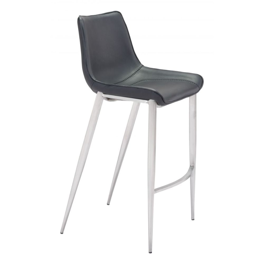 STOOL ZUO MAGNUS 101276  | Barstool | Black | Silver | 100% Polyurethane | Faux Leather | Inside | Interior Bar Restaurant Cafetería Food Court Bar Breakfast Kitchen Bistro